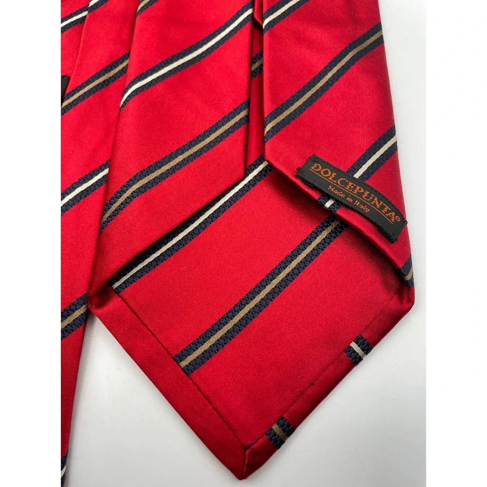Dolcepunta Italy Red Striped 11-Fold Silk Necktie Hand Made Mens Tie